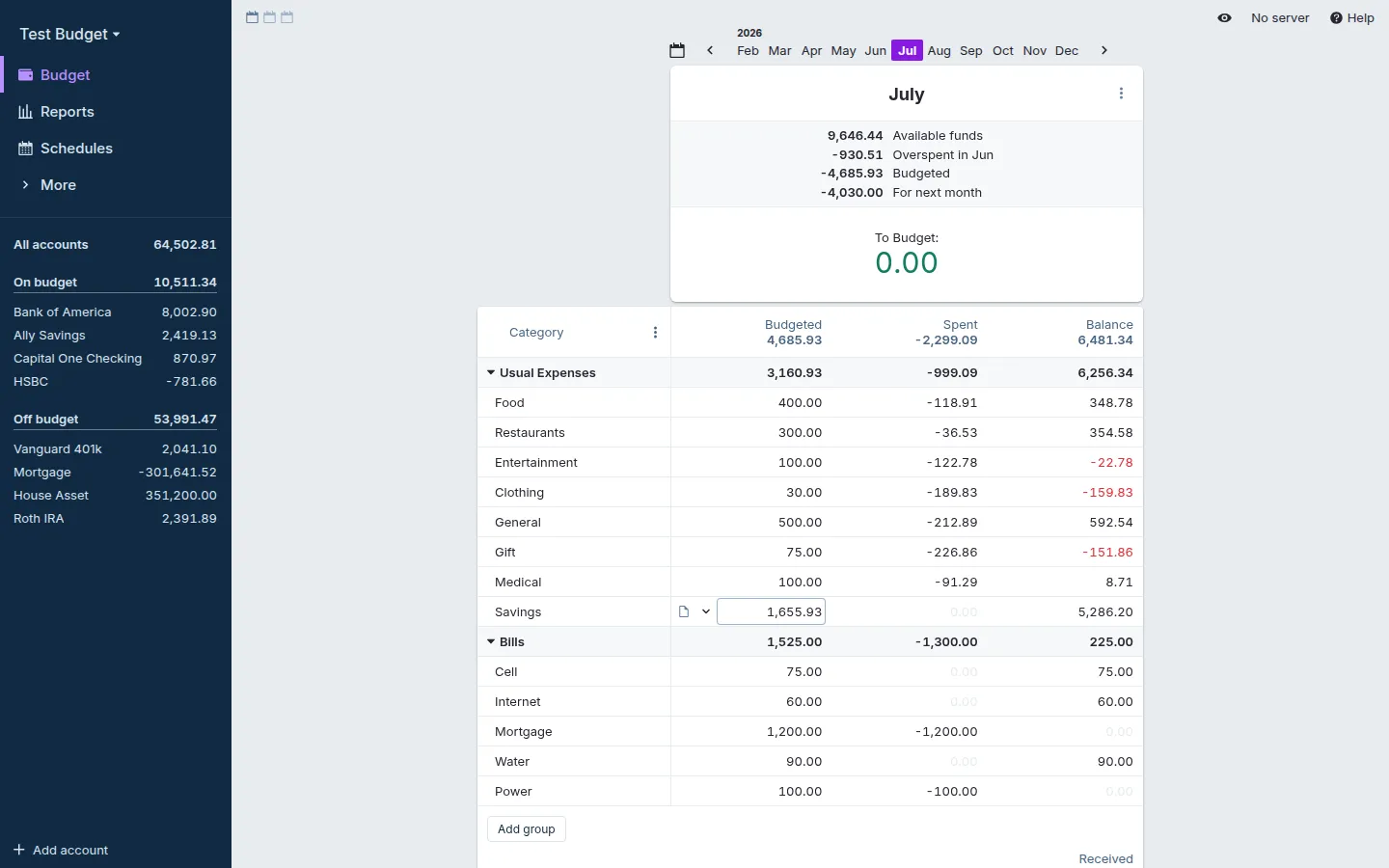 Actual Budget's budget screen, showing budgeted, spent and balance columns per category