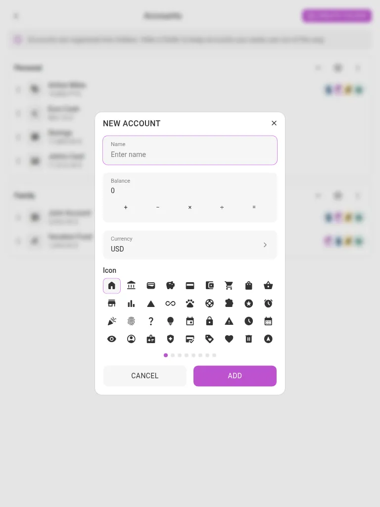 The new-account dialog (tablet)