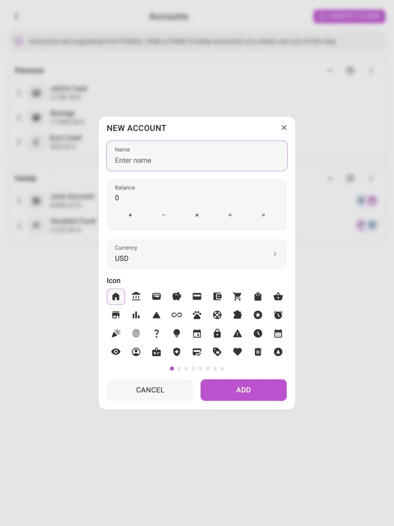 The new-account dialog (tablet)
