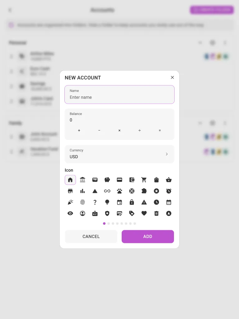 The new-account dialog (tablet)