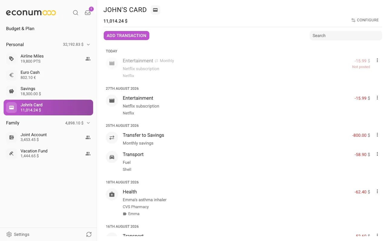 An account with its transaction list (desktop)