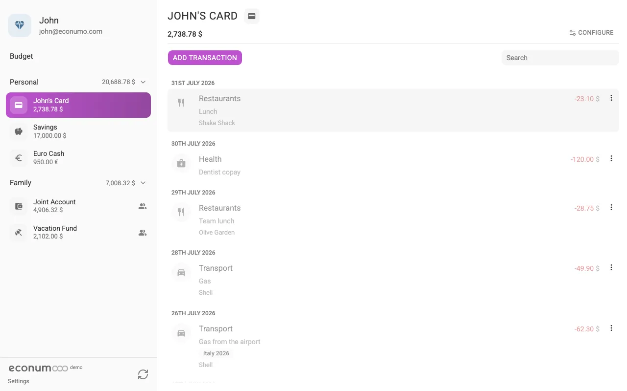An account with its transaction list (desktop)