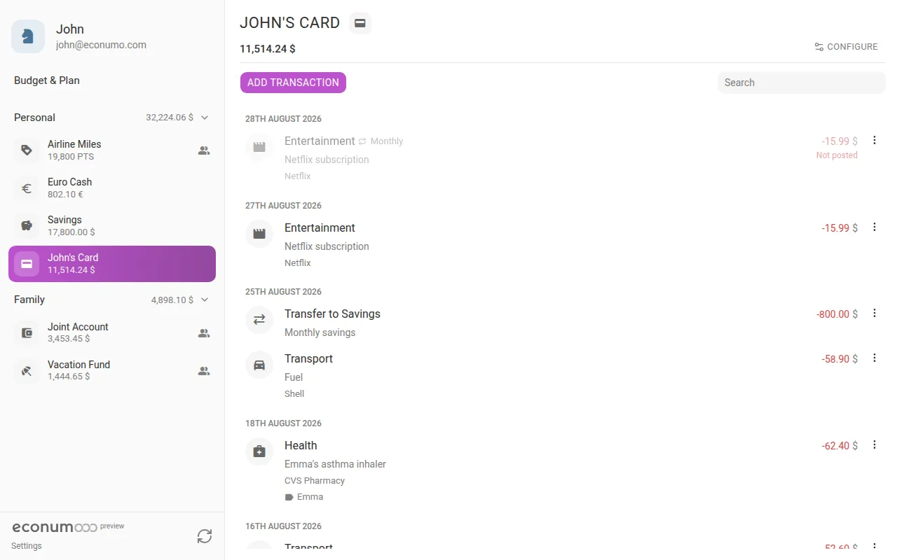 An account with its transaction list (desktop)