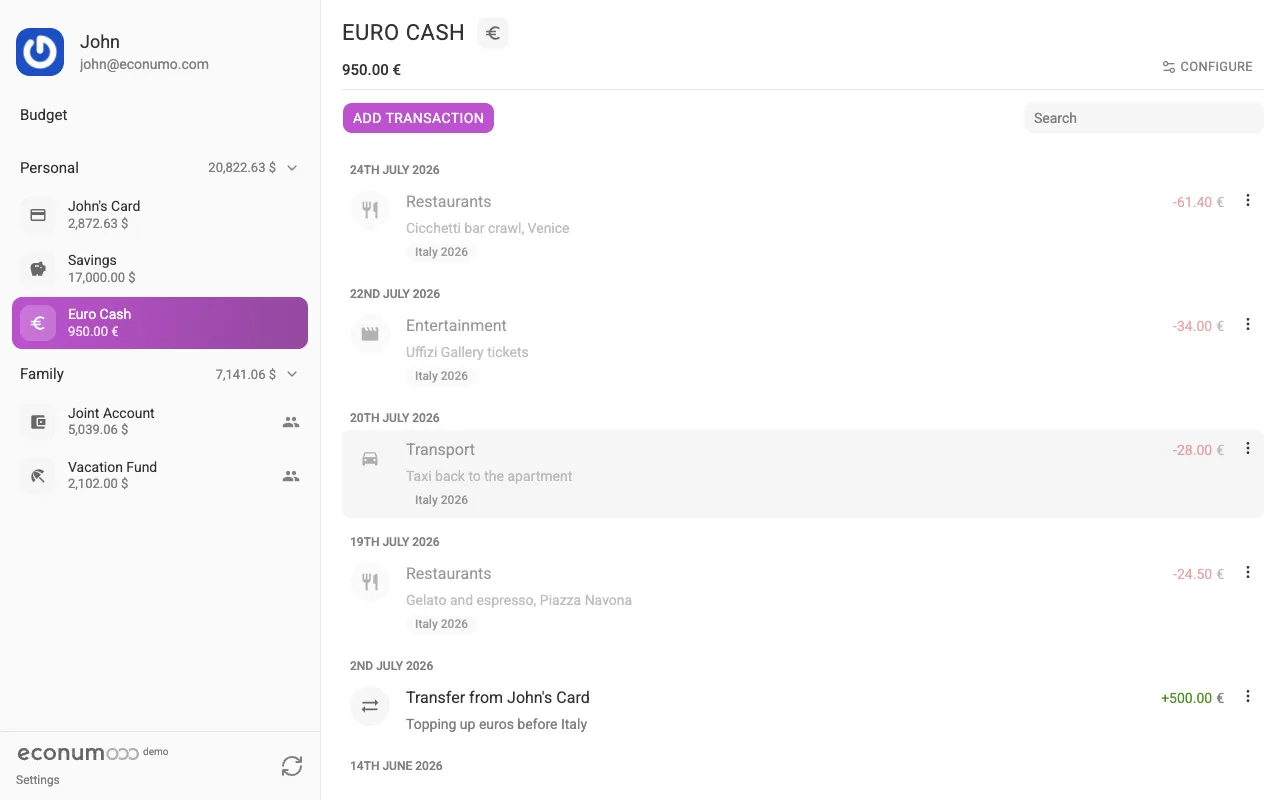A EUR account with euro transactions (desktop)