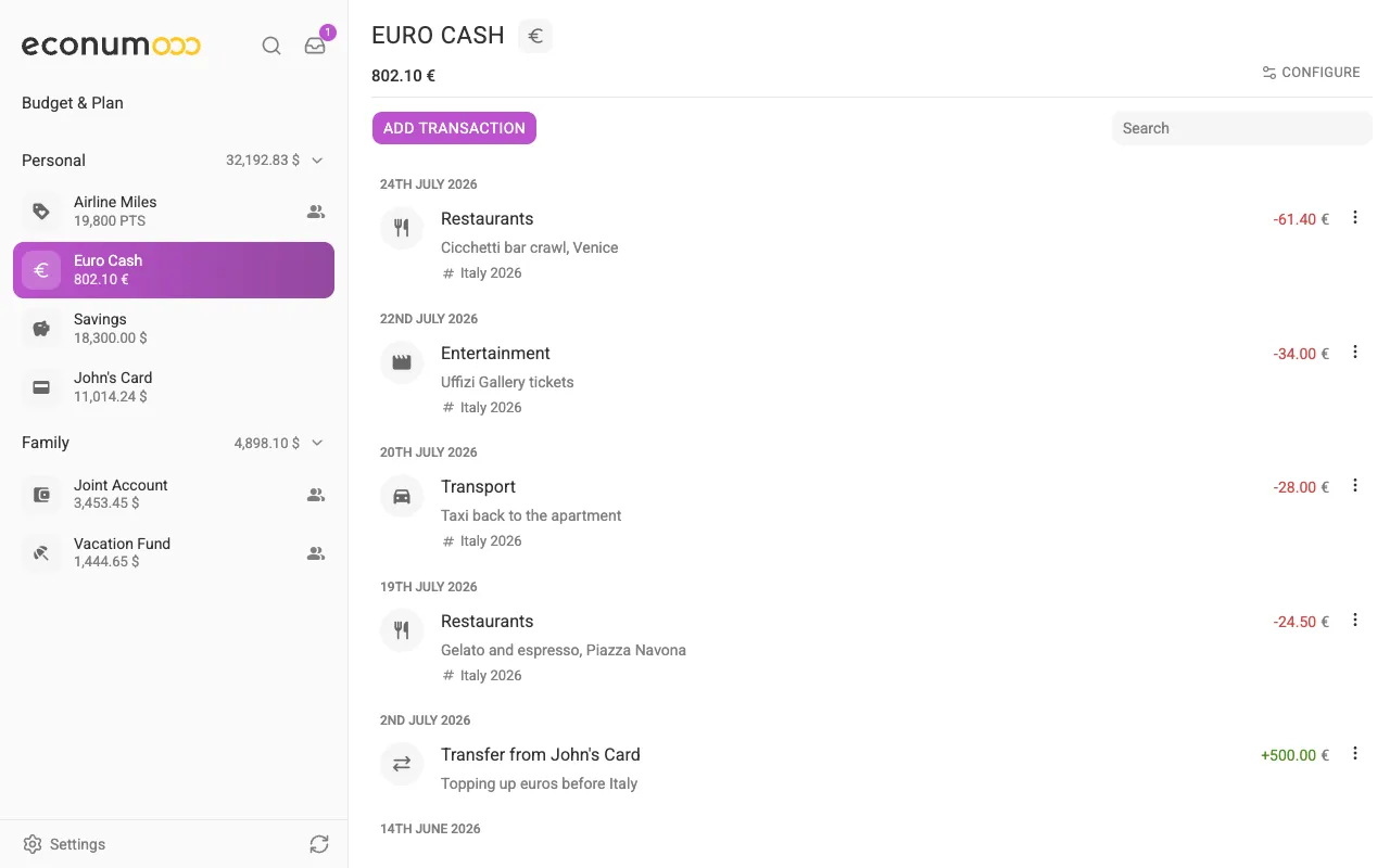 A EUR account with euro transactions (desktop)
