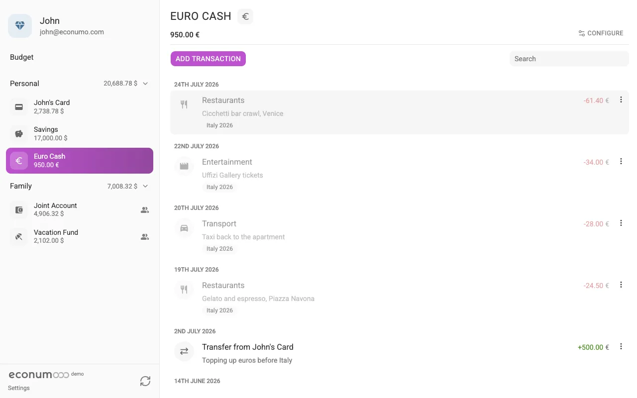 A EUR account with euro transactions (desktop)