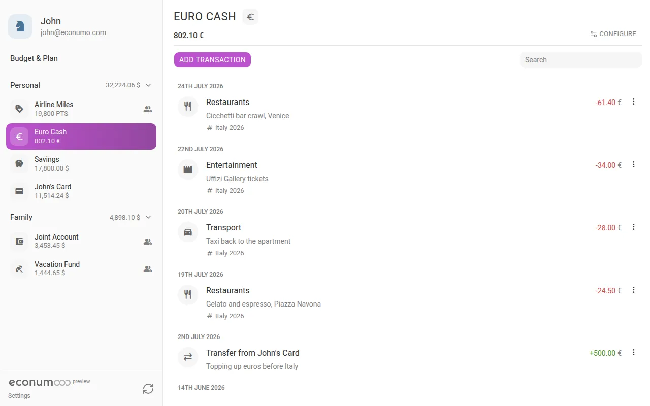 A EUR account with euro transactions (desktop)