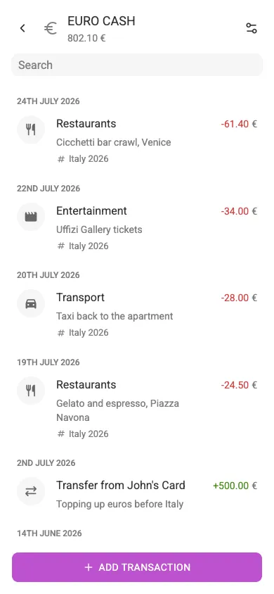 A EUR account with euro transactions (mobile)