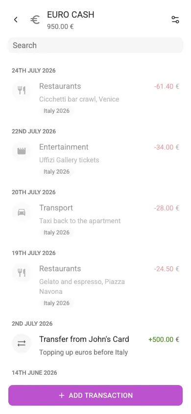 A EUR account with euro transactions (mobile)