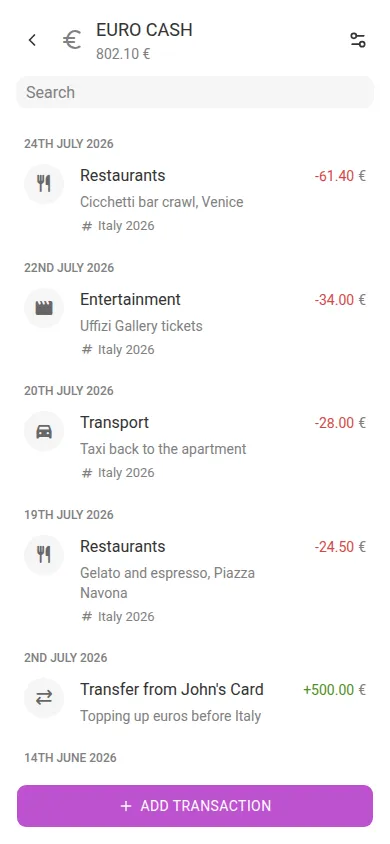 A EUR account with euro transactions (mobile)