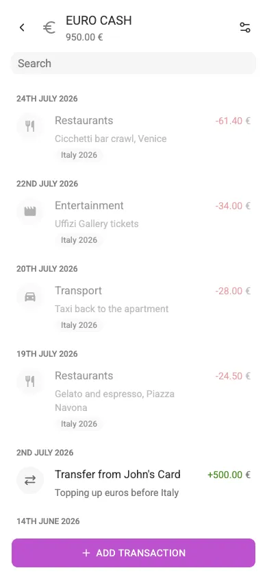 A EUR account with euro transactions (mobile)