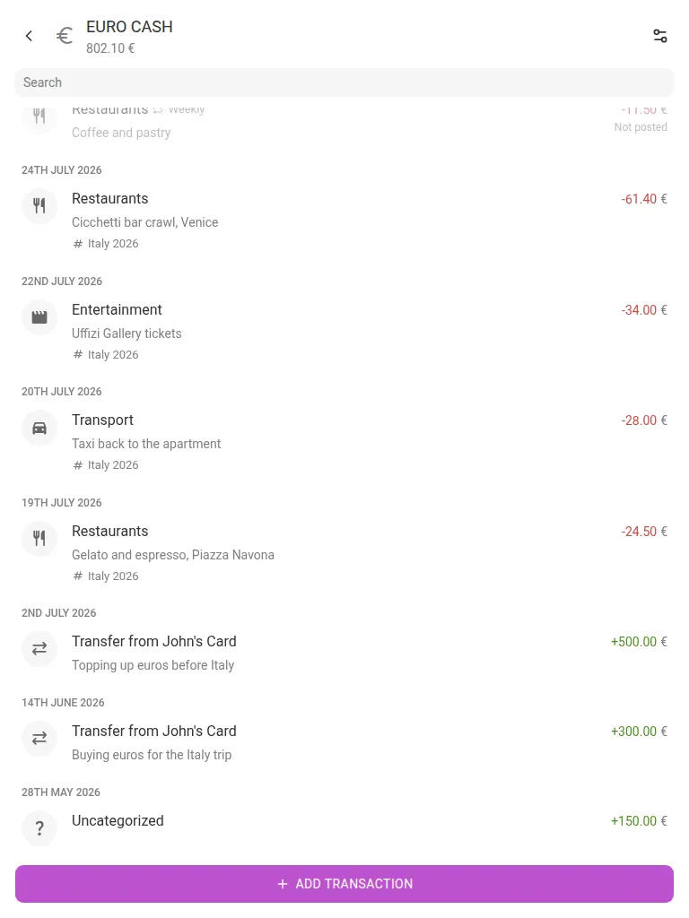 A EUR account with euro transactions (tablet)
