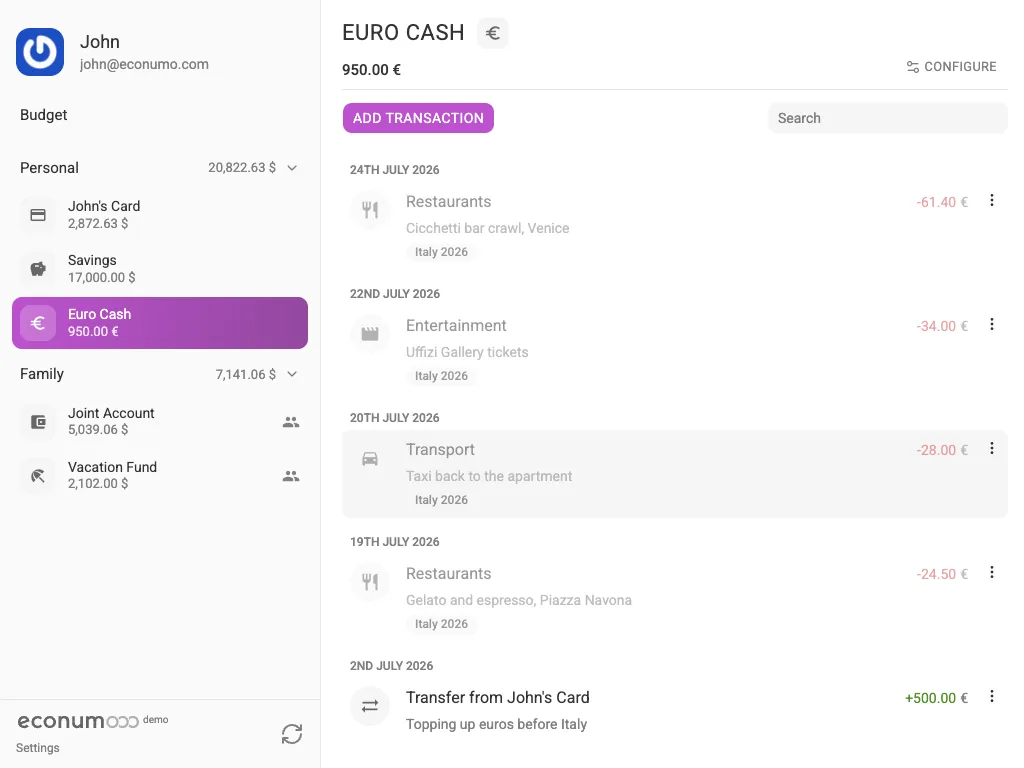 A EUR account with euro transactions (tablet)