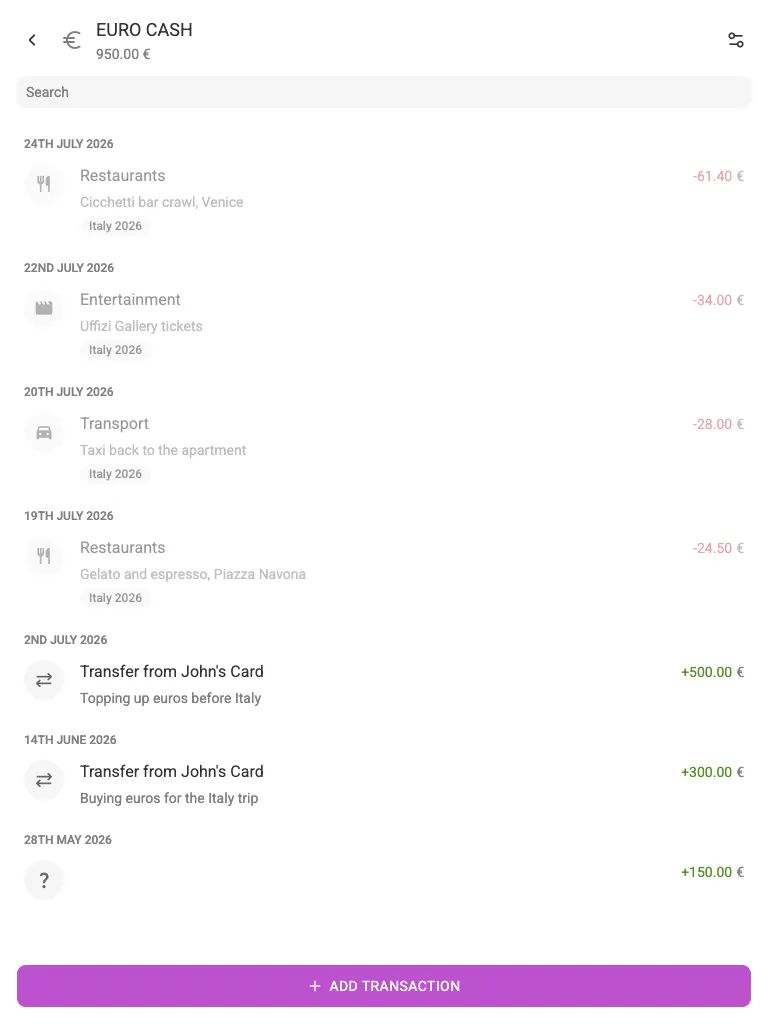 A EUR account with euro transactions (tablet)