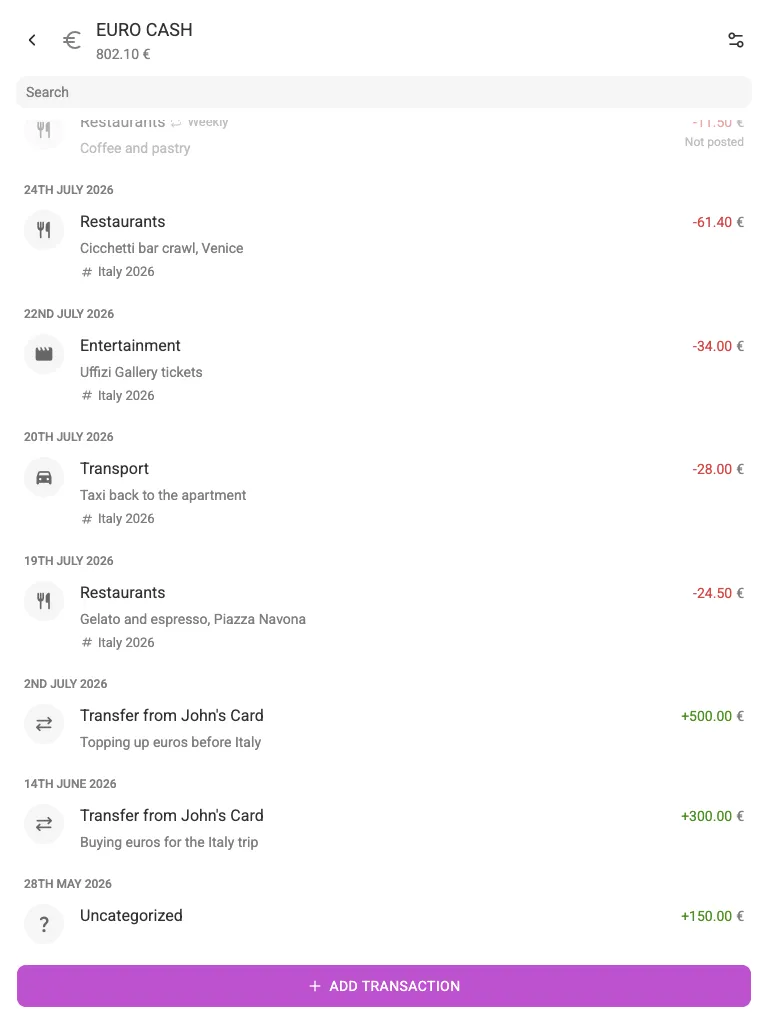 A EUR account with euro transactions (tablet)