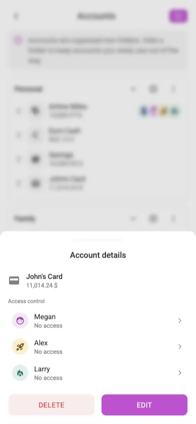 The account details sheet (mobile)