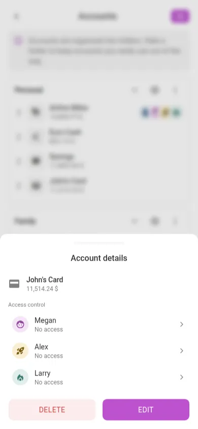 The account details sheet (mobile)