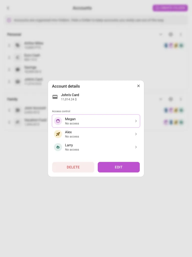 The account menu (tablet)