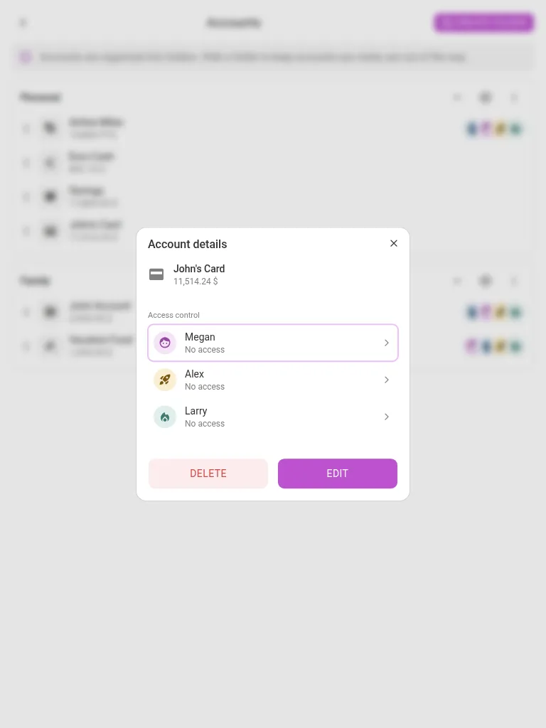 The account menu (tablet)