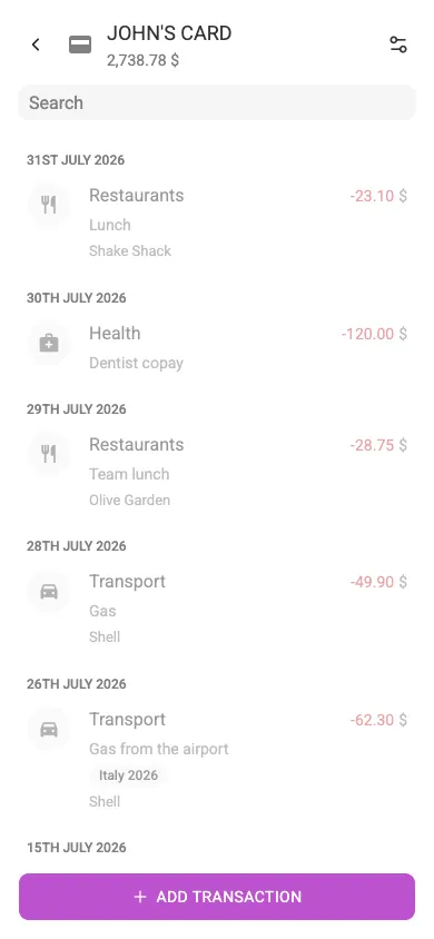 An account with its transaction list (mobile)