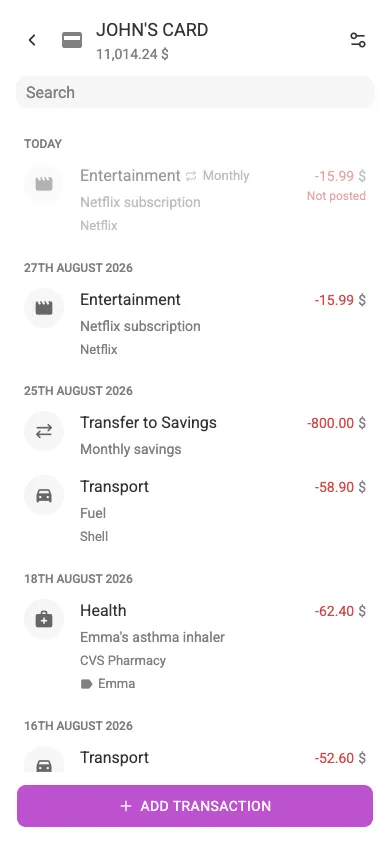 An account with its transaction list (mobile)