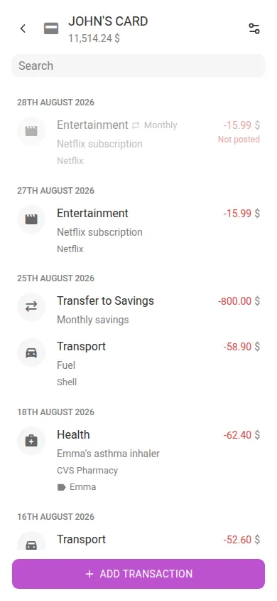 An account with its transaction list (mobile)