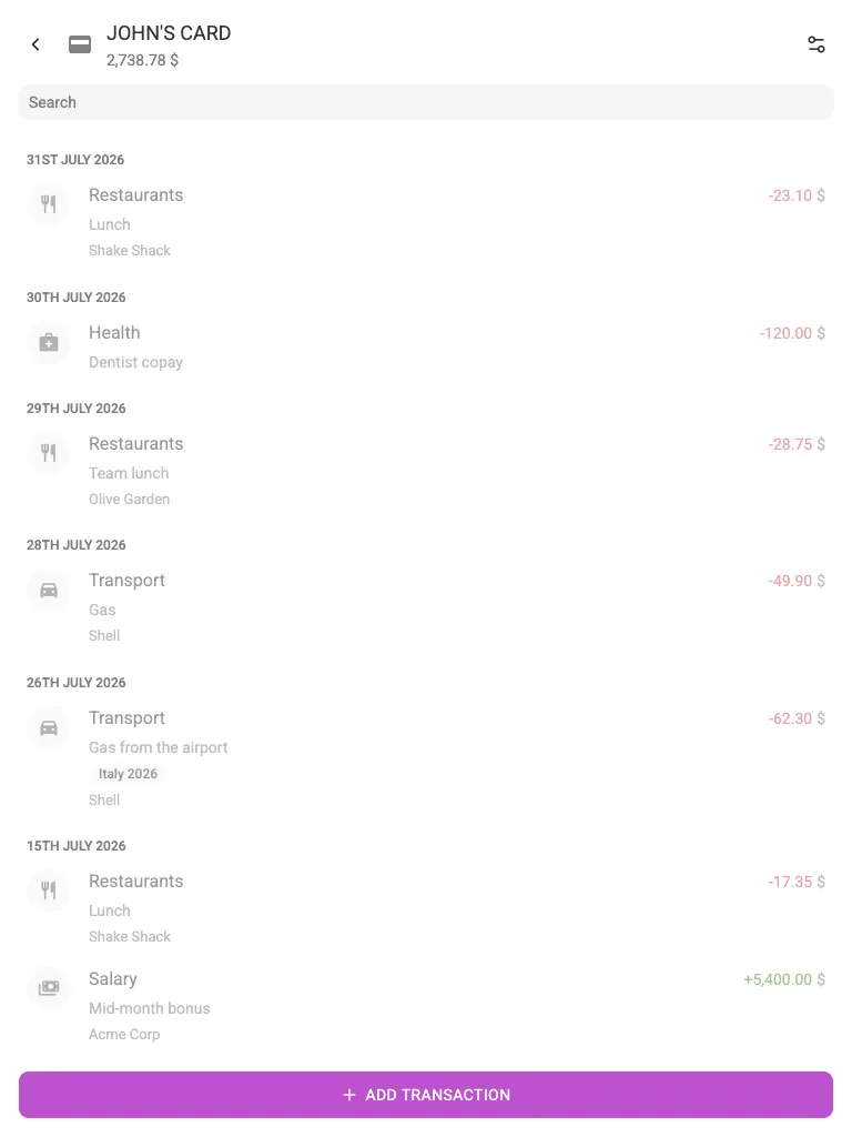 An account with its transaction list (tablet)