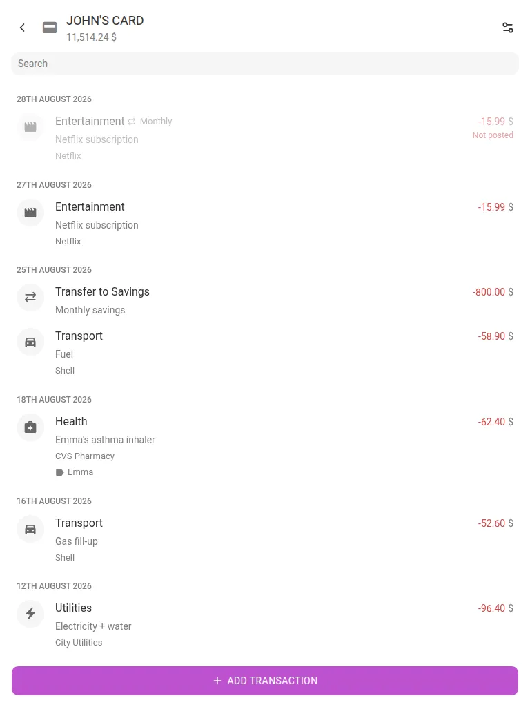 An account with its transaction list (tablet)