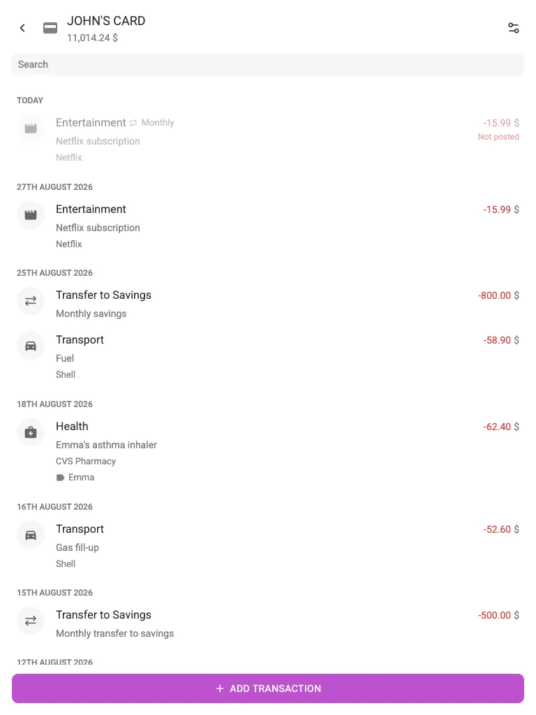 An account with its transaction list (tablet)