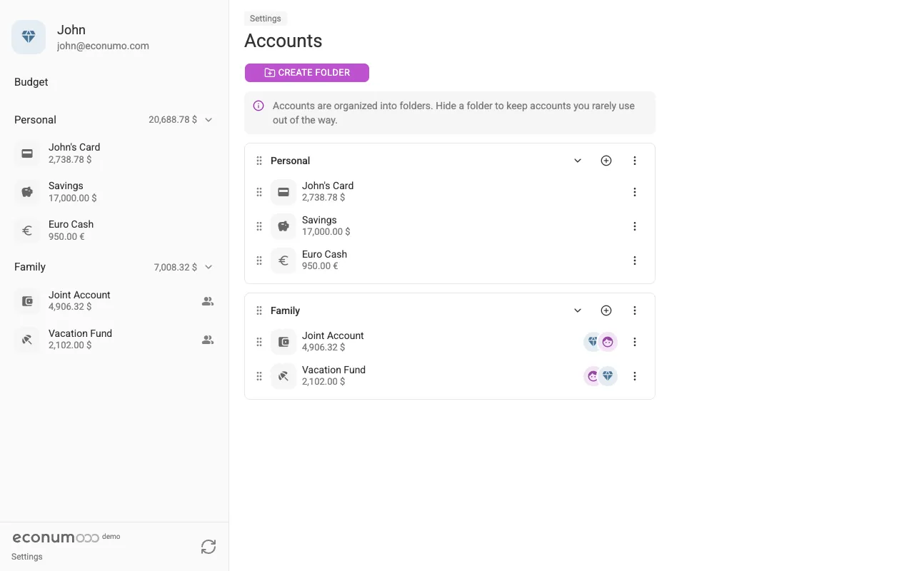 Accounts and folders in Settings (desktop)