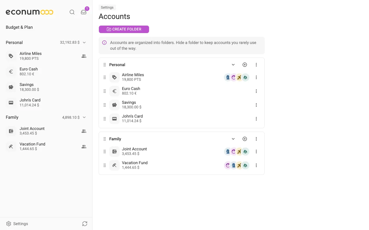 Accounts and folders in Settings (desktop)