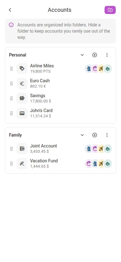 Accounts and folders in Settings (mobile)