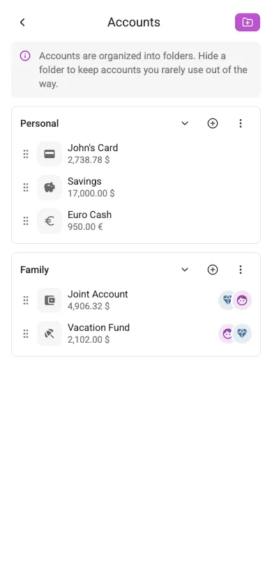 Accounts and folders in Settings (mobile)