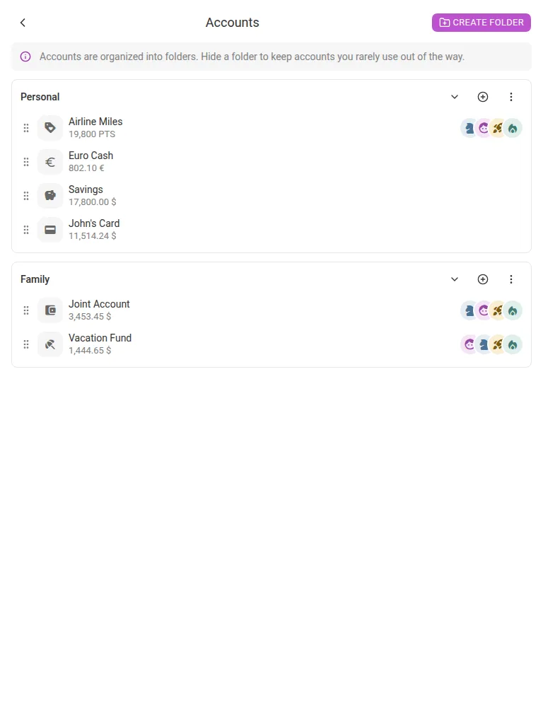 Accounts and folders in Settings (tablet)