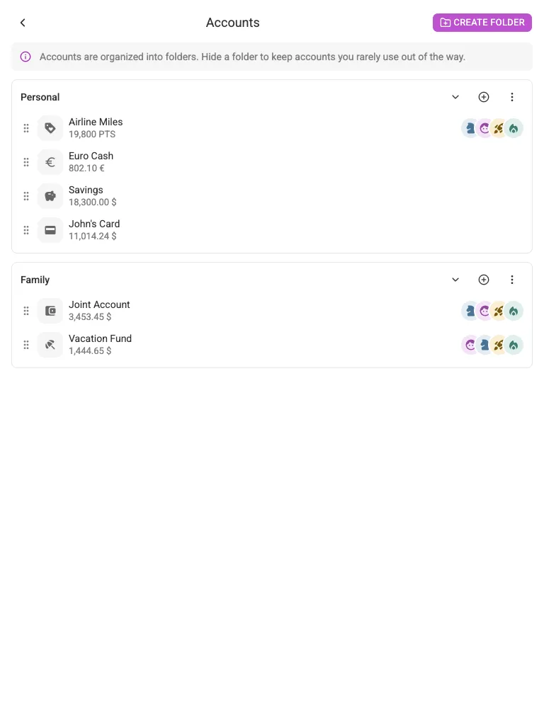 Accounts and folders in Settings (tablet)
