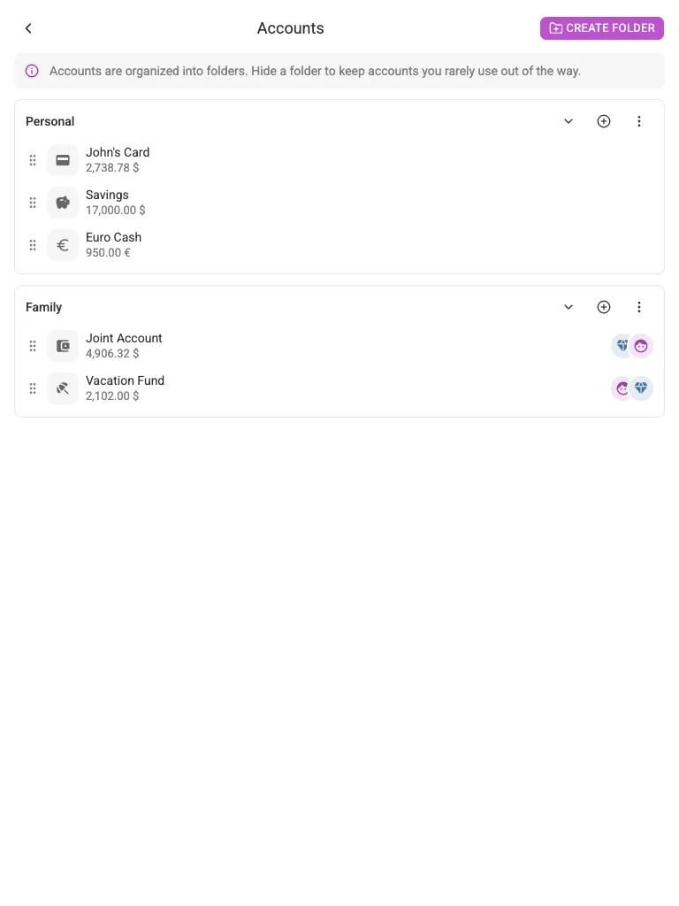 Accounts and folders in Settings (tablet)