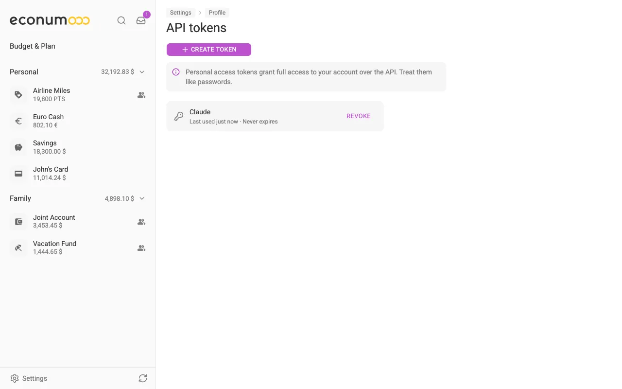 The API tokens screen (desktop)