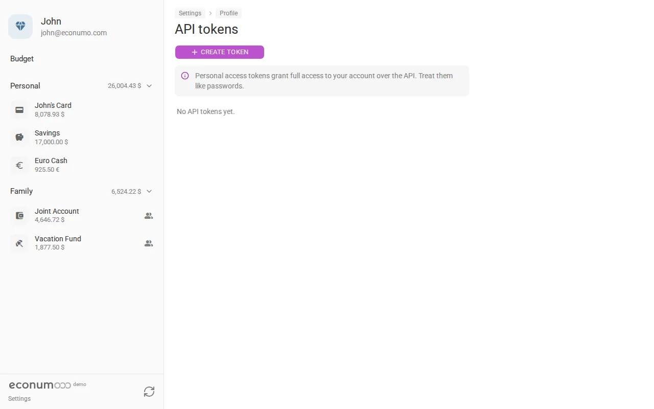 The API tokens screen (desktop)