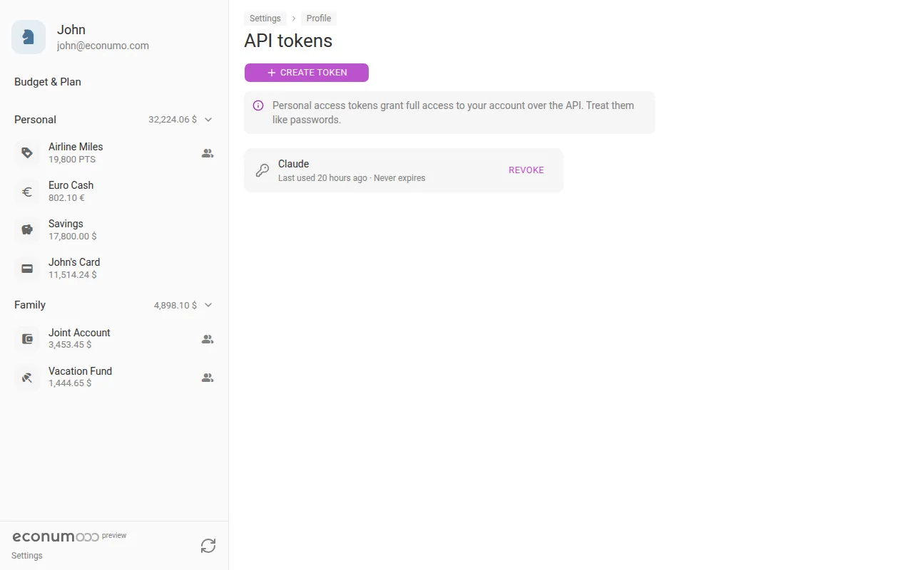 The API tokens screen (desktop)