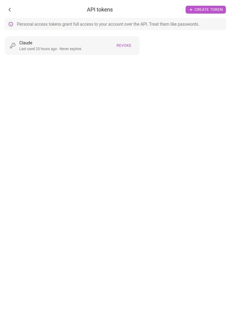 The API tokens screen (tablet)