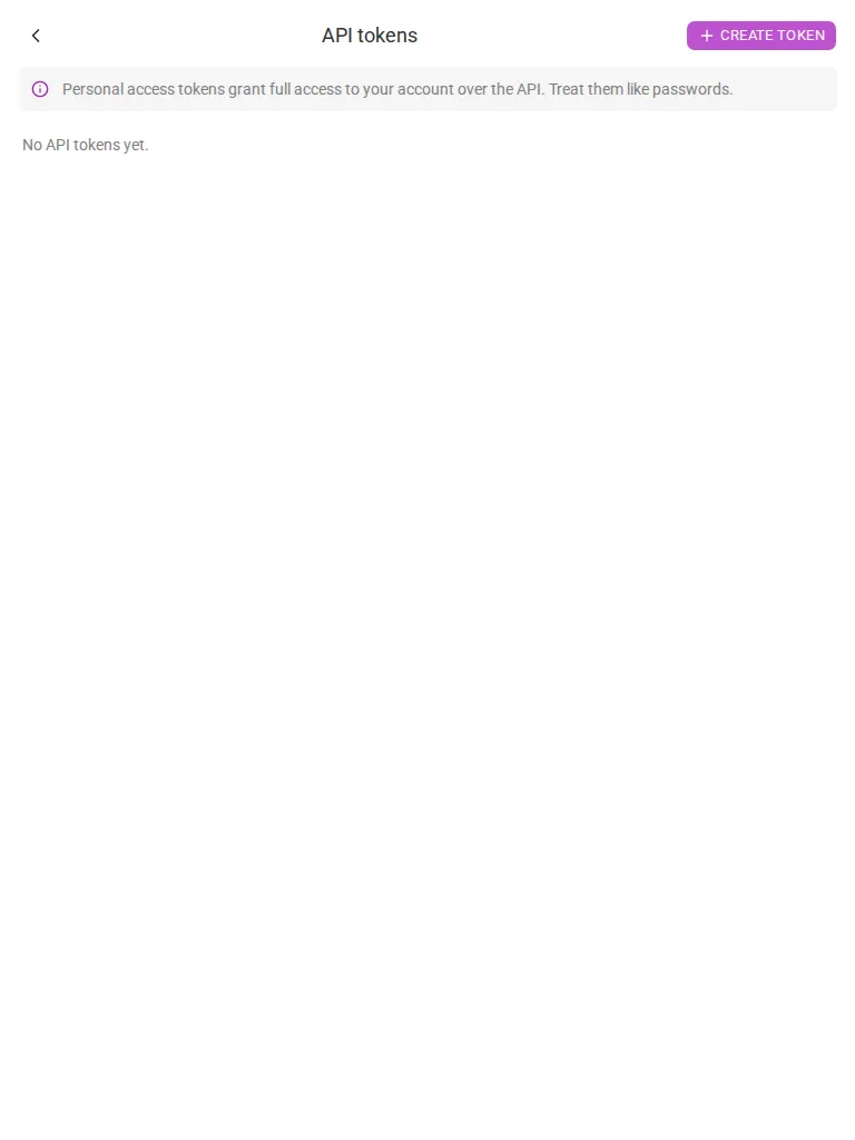 The API tokens screen (tablet)
