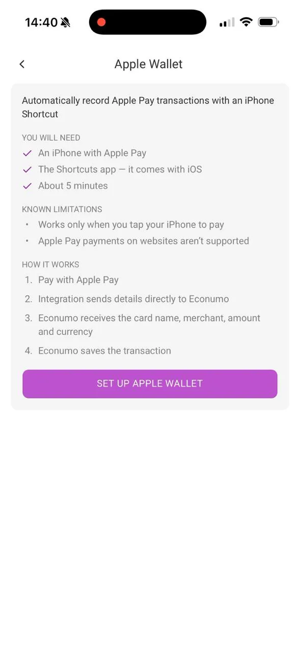 Econumo's Apple Wallet introduction and Set up Apple Wallet button