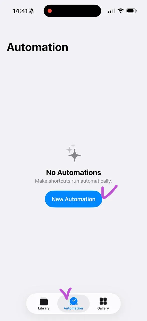 The Automation tab in Shortcuts with New Automation highlighted