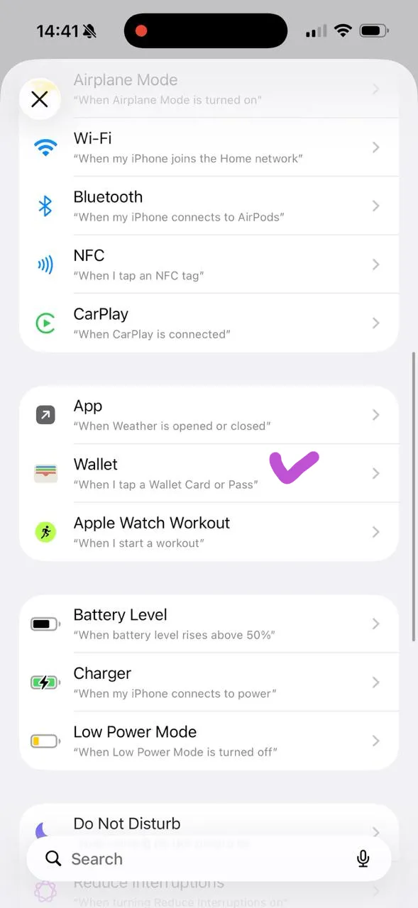 The automation trigger list with Wallet highlighted