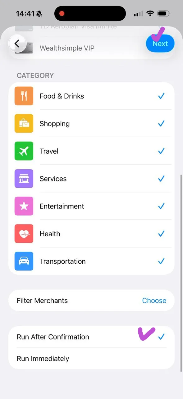 Wallet trigger settings with categories selected and Run After Confirmation highlighted