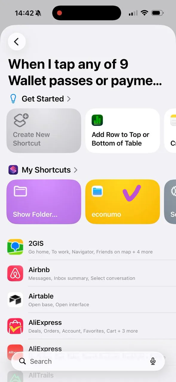 The automation action picker with the econumo Shortcut highlighted