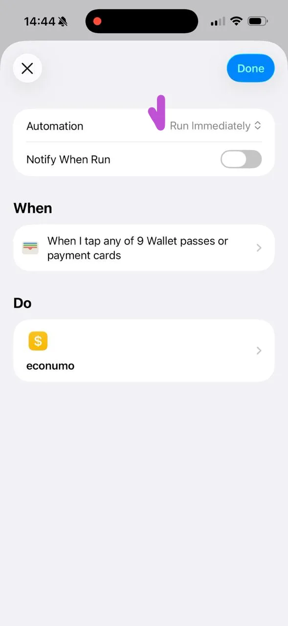 The saved settings showing Run Immediately and Notify When Run switched off