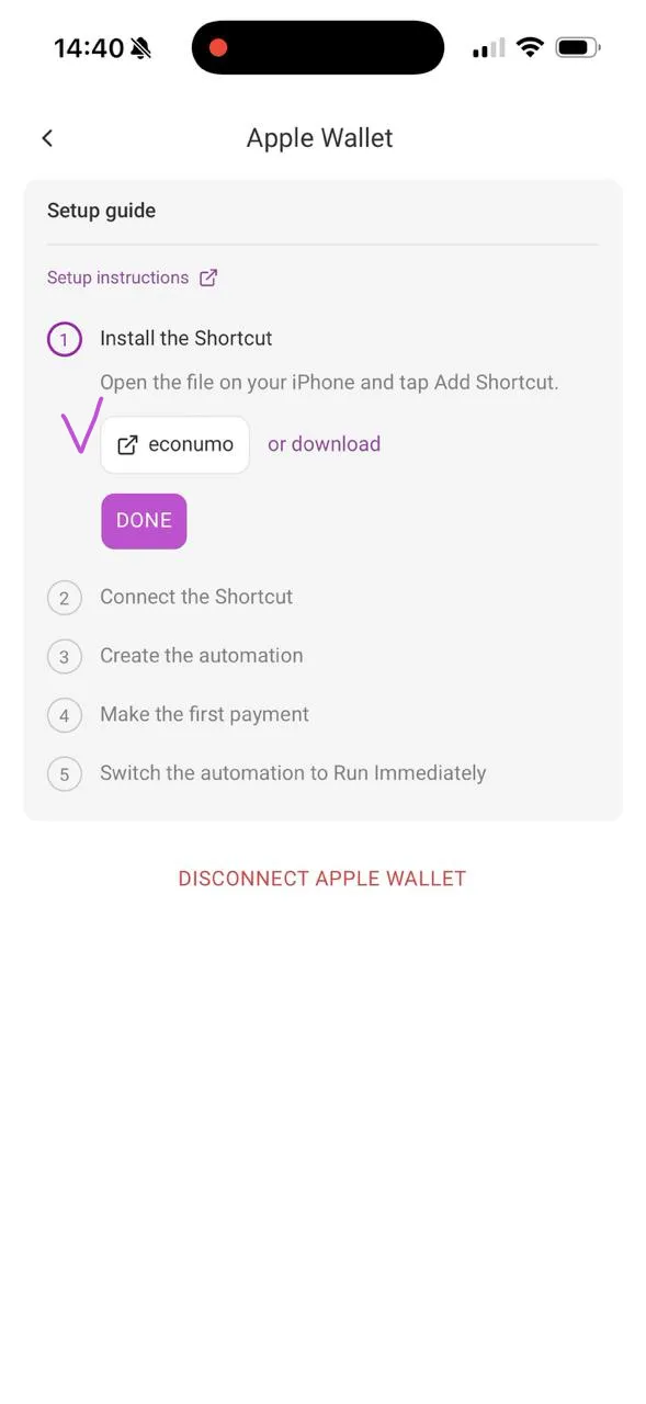 Step 1 in Econumo with the econumo Shortcut link highlighted
