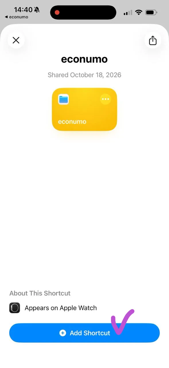 The shared econumo Shortcut with Add Shortcut highlighted