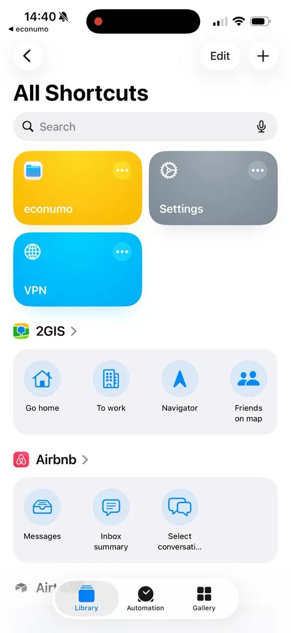 The installed econumo Shortcut in the Shortcuts library